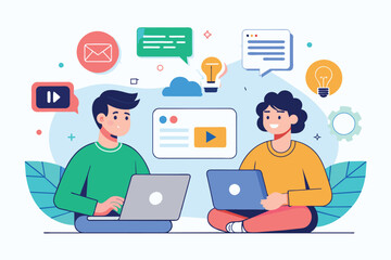Poster - Two individuals sitting on the ground, each working on a laptop computer, Creator content cooperation, Simple and minimalist flat Vector Illustration