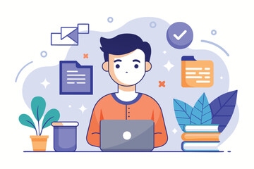 Poster - A man sitting at a desk with a laptop open in front of him, working or studying, Creator content, Simple and minimalist flat Vector Illustration