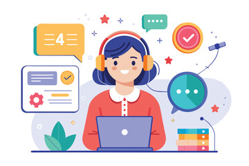 Poster - A woman wearing headphones is focused on her laptop screen, working diligently, customer satisfaction feedback fast response 24 hour call center, Simple and minimalist flat Vector Illustration