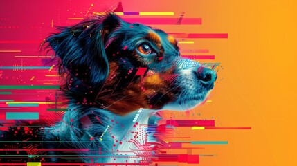 Wall Mural - A dog is shown in a colorful abstract painting with geometric shapes, AI