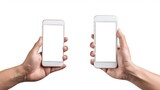 Fototapeta  - Closeup two hands holding white smartphone with blank screen on white background. AI generated image