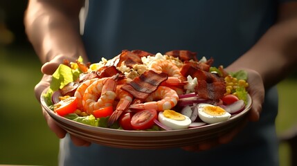 Wall Mural - Delicious salad with shrimp and eggs on the table, closeup