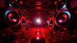 Wall of speakers with glowing red lights - An immersive 3D digital art installation featuring a wall of speakers illuminated by intense red lighting, suggesting an intense music experience