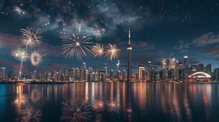 Wall Mural - fireworks illuminating the night sky over a city skyline