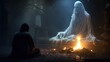 A cloaked figure sits in front of a fire and looks at a ghostly apparition. The ghost is tall and ethereal, with long flowing hair and a skull for a head.