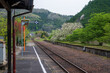 日本の岡山県新見市の岩山駅の美しい春の風景