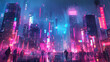 A futuristic cityscape bathed in neon lights and holographic displays, pulsating with the rhythm of a digital heartbeat. 
