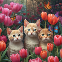 3, three Kittens in field of flowers and butterflies 