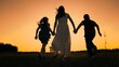 silhouette mother runs into sunset holding her son daughter hand, happy family running, boy girl, interest life, our adventure begins, kids playing meadow, when sun sits background, running playing