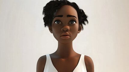 Wall Mural - Sad stressed upset African cartoon character young woman female girl person wearing white top in 3d style design on light background. Human people feelings expression concept