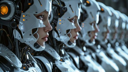 Poster - Robotic assembly line with intricate mechanics - A detailed image showing a close-up of robots aligned on an assembly line, highlighting the complexity of modern automation