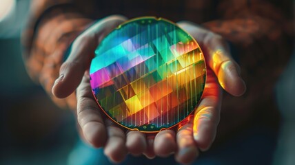 Poster - Hands holding colorful silicon wafer - A person holds a vibrant silicon wafer which is an essential component for electronic devices The image showcases the wafer’s vivid patterns