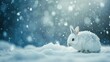 Snow-covered Rabbit Huddled in Wintry Scene - A serene image shows a fluffy white rabbit huddled in the freshly fallen snow, surrounded by a soft winter atmosphere