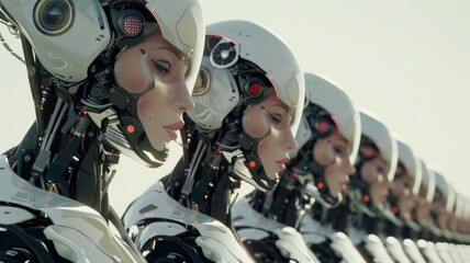 Poster - High-tech robotic heads in a futuristic lineup - An array of robotic heads presents a mesmerizing display of futuristic technology and innovation in automation