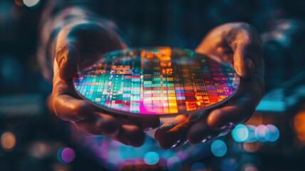 Poster - Hands presenting a glowing semiconductor wafer - An in-depth look at a person holding a brightly lit semiconductor wafer, revealing complex circuitry and digital structures