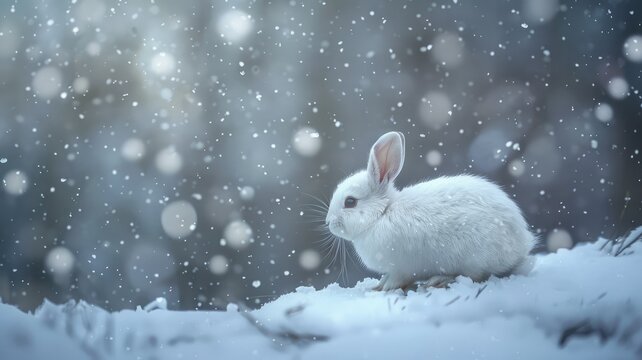 Solitary White Rabbit in Snowy Landscape - An enchanting winter scene depicting a single white rabbit sitting calmly amidst a snowy landscape under gently falling snowflakes