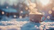 Winter Morning Brew with Shimmering Light Spots - Early morning scene with a hot drink in a cup surrounded by snow, enhanced by the glistening sun rays