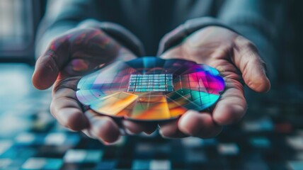 Poster - hands offering a colorful microchip silicon wafer - hands extend outwards, offering a multicolored s