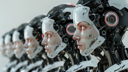 Poster - Sequential robot craftsmanship in a high-tech facility - This image showcases a lineup of sophisticated robots being manufactured or maintained in a high-tech facility, each with its own unique, intri