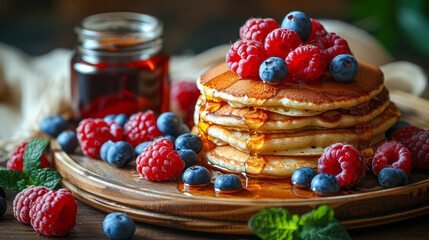 Canvas Print - Breakfast with crispy pancakes, maple syrup and juicy berries, appetizingly arranged on a wooden table.