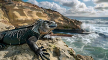 A Sea Iguana Basking In The Sun On La Jolla Beach, San Diego, California, With Rugged Cliffs And Waves Crashing Against Them In The Background