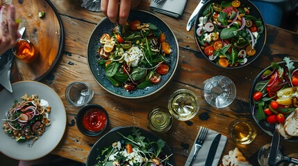 Overhead view of food served in bowl on table