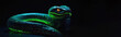 A green snake with a neon glow and orange eyes looks at the camera