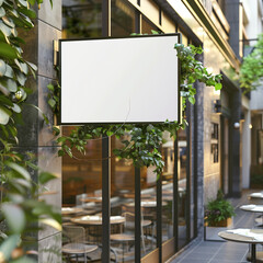 Nature-Integrated Blank Signage in a Dining Alley - Blank signage hanging in a dining alley with lush greenery, blending nature and urban dining space for potential branding.