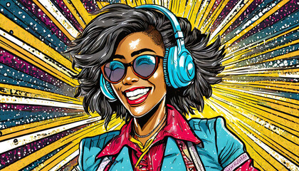 Happy cartoon woman with headphones listening to music. Comic book style art.