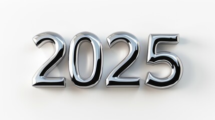 Happy New Year background with 2025 shiny metallic silver numbers isolated on white background. Festive celebration banner