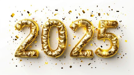 Wall Mural - Happy New Year background with 2025 shiny golden numbers and confetti, glitter isolated on white background. Festive celebration banner