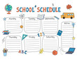 © Anna Shalygina - School Schedule template printable US Letter size vector. Weekly class timetable, lesson planner students, kids daily routine chart. Funny doodle hand drawn outline design with educational elements