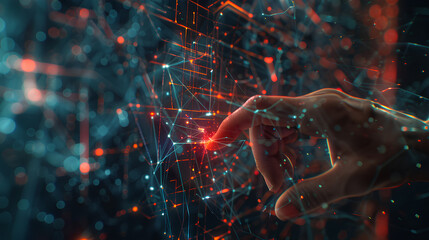 Poster - digital technology, internet network connection concept. finger touching on virtual screen with futu