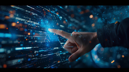 Poster - digital technology, internet network connection concept. finger touching on virtual screen with futu