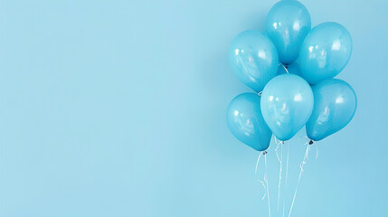 Wall Mural - celebration: blue round helium air balloons on side of pastel colored light background with empty copy space for text