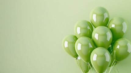 Wall Mural - celebration: light green round helium air balloons on side of pastel colored light background with empty copy space for text