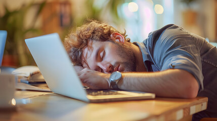 Wall Mural - An office worker asleep at their desk with their head resting on their arm, a laptop still open in front of them, blurred background, with copy space
