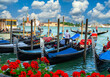 Grand canal with gandolas and San Giorgio Maggiore island, Venice, Italy. Architecture and landmarks of Venice. Venice postcard with Venice gondolas