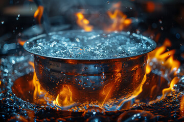 Sticker - A bubbling cauldron of boiling water simmering over an open flame, ready to cook a hearty meal. Concept of culinary preparation and sustenance. Generative Ai.