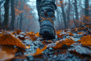 Poster - The crackling of dry leaves underfoot as a hiker treks through the wilderness, surrounded by the scent of pine and earth. Concept of outdoor exploration and adventure. Generative Ai.