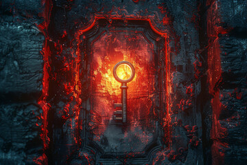 Poster - A key unlocking a mysterious door, symbolizing discovery and opportunity as it opens new pathways and possibilities. Concept of discovery and exploration. Generative Ai.