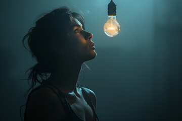 Wall Mural - A silhouette of a person deep in thought with a glowing lightbulb hovering above their head, symbolizing a moment of inspiration. Concept of creativity and innovation. Generative Ai.
