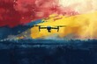 A dramatic frontal perspective of a drone against a dynamically painted sky, ideal for themes of technology and surveillance.