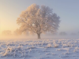 Sticker - Isolated frost covered tree on a cold winter morning with soft sunlight breaking through the mist.