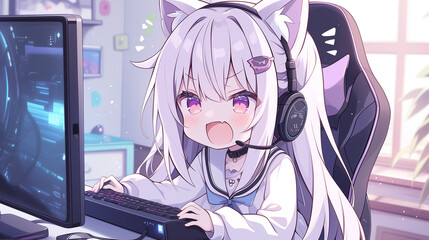 Colorful artwork of an animated character with white hair and cat ears using a gaming headset, focused on a computer screen