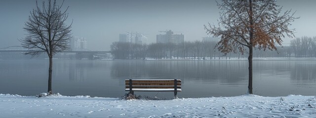 Poster - The serene winter scene in the minimalist urban park features bare trees and a solitary bench blanketed in snow.