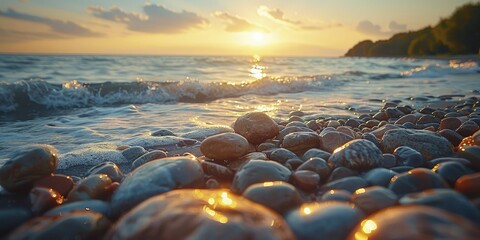 Wall Mural - Smooth granite rocks glisten under the warm sunset glow at the tranquil beach, against a pristine horizon and gentle lighting.