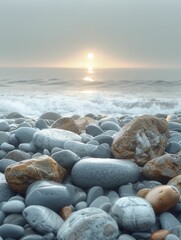 Wall Mural - Smooth large boulders on a foggy beach, with a clear horizon and soft morning light.