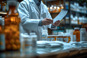 Poster - a pharmacist meticulously prepares a prescription, ensuring the correct dosage and medication for th