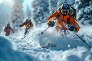 Wall Mural - A group of friends hitting the slopes for a day of skiing and snowboarding, carving through fresh powder with exhilaration. Concept of winter fun and adrenaline. Generative Ai.